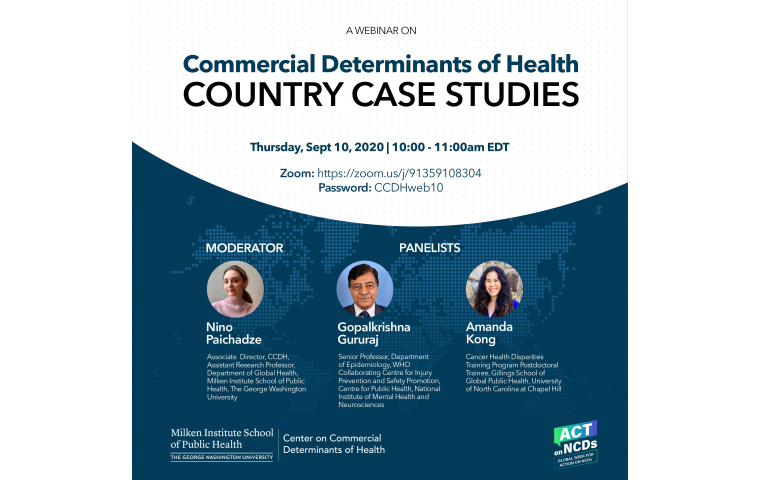 Event flyer with event title and viewing link, along with photos and bios of panelists
