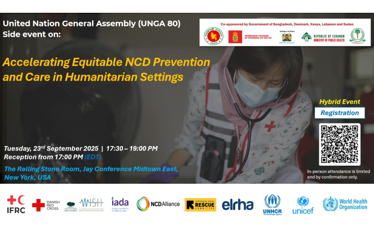 Promo card for the event, Accelerating Equitable NCD Prevention and Care in Humanitarian Settings