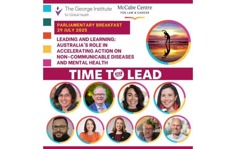 Social media promo card featuring speakers for a parliamentary breakfast in Canberra on NCDs