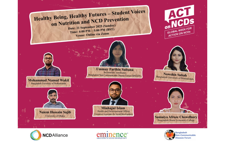 Group of diverse students holding posters promoting healthy eating, mental well-being, and NCD prevention