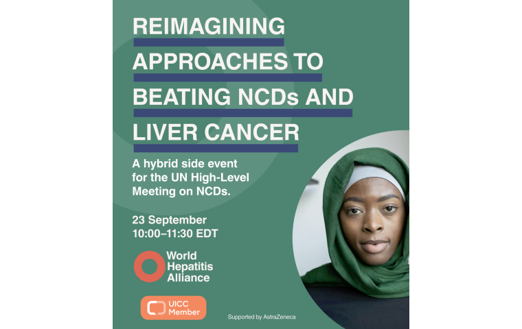 Promo card for the event, Reimagining approaches to beating NCDs and liver cancer