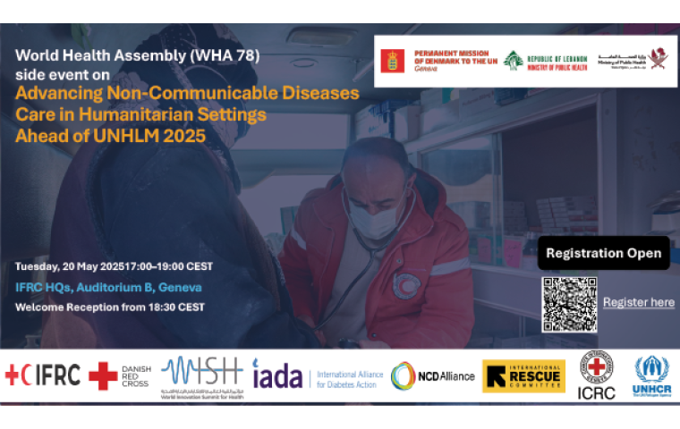 Invitation to the event Advancing NCD Care in Humanitarian Settings Ahead of the HLM4, with a photo of a man in the background