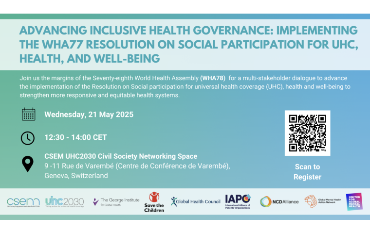 Invitation to the event, Advancing Inclusive Health Governance: Implementing the WHA77 Resolution on Social Participation for UHC, Health and Well-being