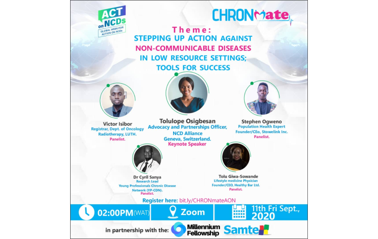 This graphic shows speakers for the event, CHRONmate #ActonNCDs Zoom Conference