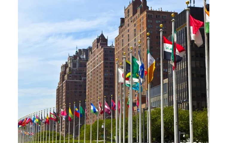 Flags flying at UN Headquarters in New York City