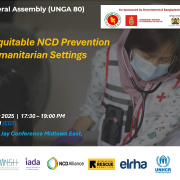 Promo card for the event, Accelerating Equitable NCD Prevention and Care in Humanitarian Settings 