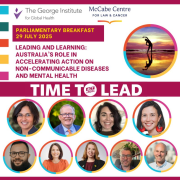 Social media promo card featuring speakers for a parliamentary breakfast in Canberra on NCDs