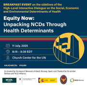 This card includes details of the event Equity Now, 11 July 2025, Church Centre for the UN, New York. Image in yellow is the UN building and flags
