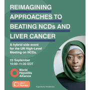 Promo card for the event, Reimagining approaches to beating NCDs and liver cancer