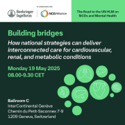 Graphic inviting people to the NCDA/Boehringer Ingelheim event, Building bridges: how national strategies can deliver interconnected care for cardiovascular, renal and metabolic conditions 