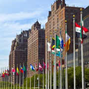Flags flying at UN Headquarters in New York City