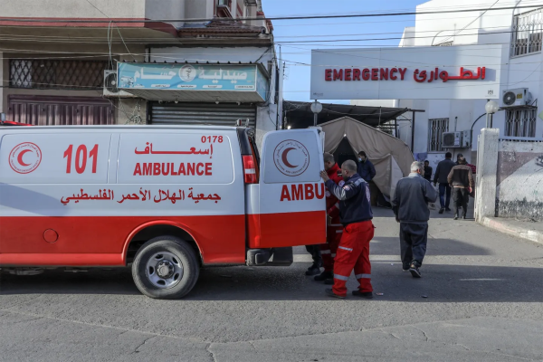 An ambulance delivering patients to a hospital in Palestine