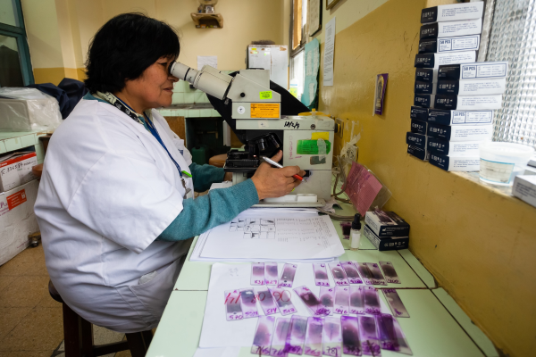A healthcare worker examines blood samples through a microscope in a hospital laboratory in Lima, Peru.