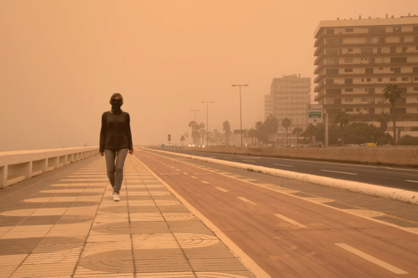 women with mask on polluted air 