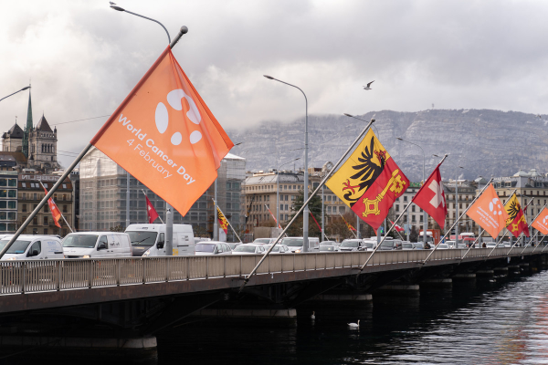 World Cancer Day flags fly on the Mont Blanc Bridge, Geneva on 4th February 2020. Copyright: UICC